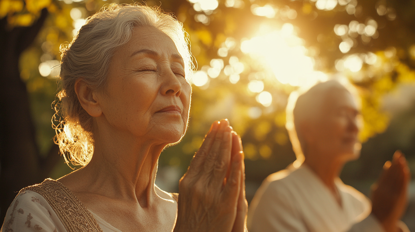 Група старших людей під час заняття йогою на килимках